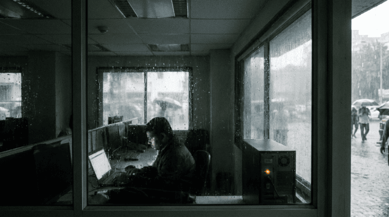 A tower UPS running during a Mumbai monsoon power cut while a worker uses a laptop. Sirius Star.