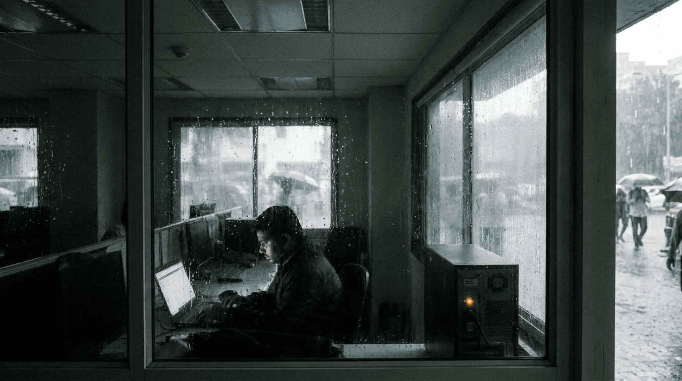 A tower UPS running during a Mumbai monsoon power cut while a worker uses a laptop. Sirius Star.