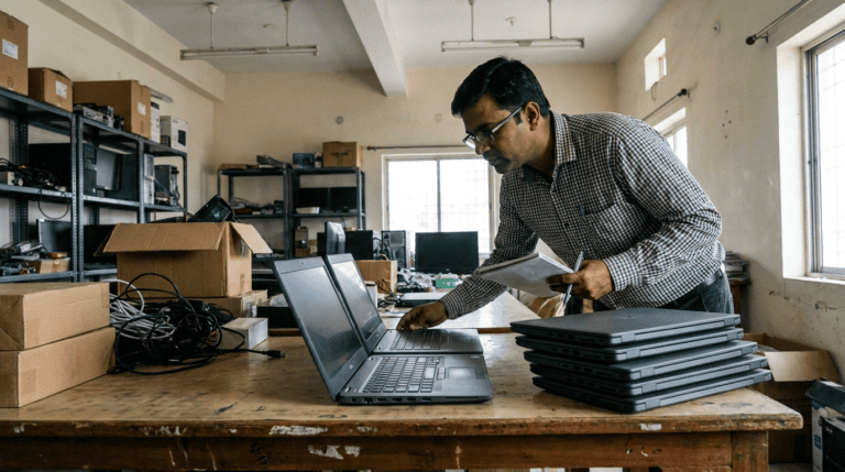 A stack of business laptops on a table as a buyer compares two units. Sirius Star.