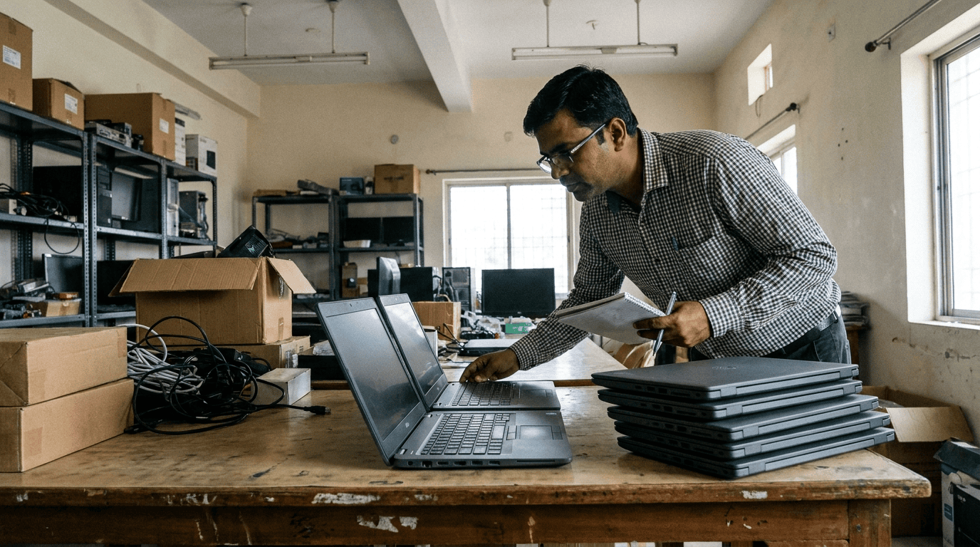 A stack of business laptops on a table as a buyer compares two units. Sirius Star.