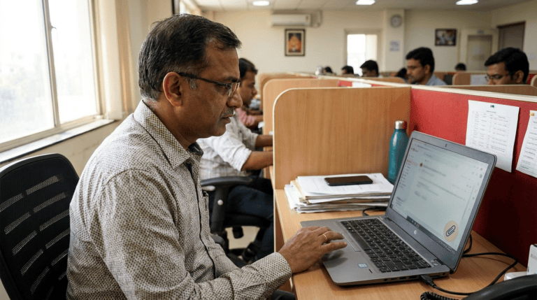An office worker pausing before sending an email attachment in an Indian office. Sirius Star.
