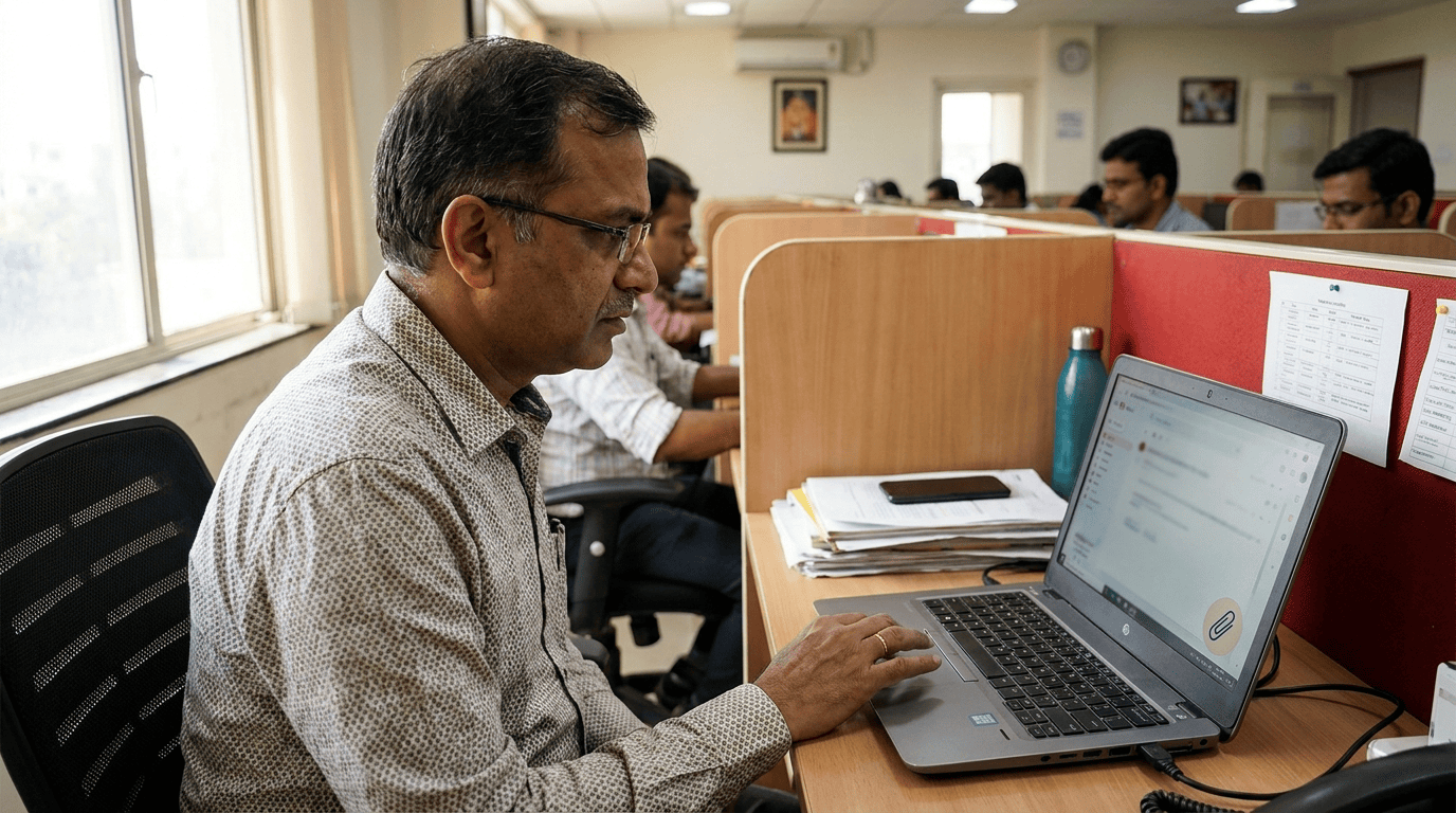 An office worker pausing before sending an email attachment in an Indian office. Sirius Star.