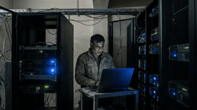 An IT administrator working at a laptop between server racks at night, checking a failed backup. Sirius Star.