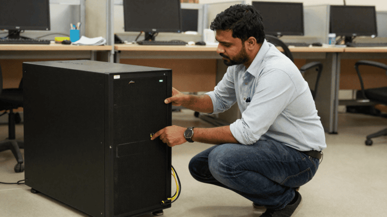 An IT technician checks a tower UPS beside a small server rack in an Indian office, sizing the load. Sirius Star Enterprise Technologies.