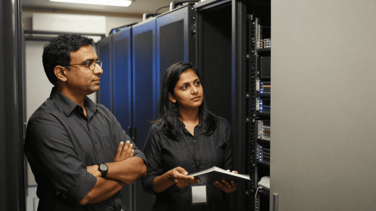 A facilities head and CIO stand mid-conversation in front of a small server room UPS cabinet in a Pune office. Sirius Star.