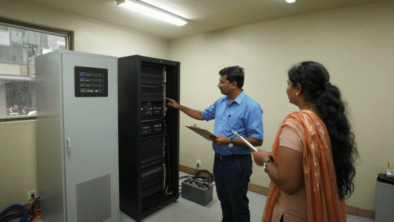 IT engineer and electrical contractor inspect a UPS cabinet and open server rack in a Mumbai bank branch server room during monsoon, Sirius Star.