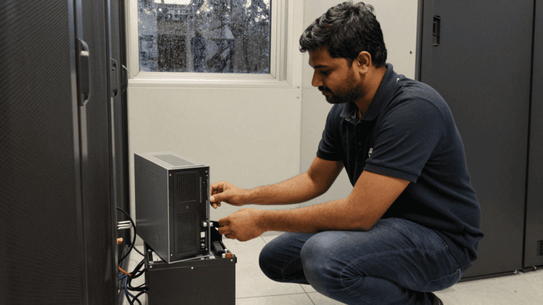 An Indian IT engineer crouched beside a small server-room UPS during a Kolkata monsoon evening, opening the battery module for a health check. Sirius Star.