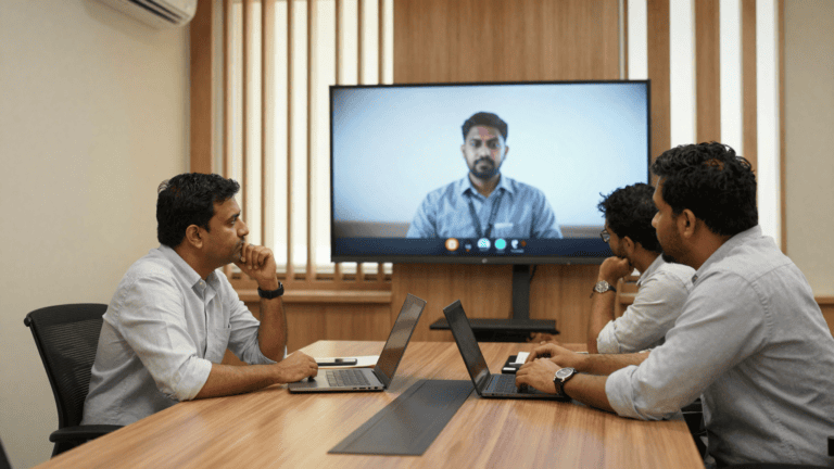 Indian founder, IT head, and CFO in a Mumbai boardroom discussing SASE with a colleague joining on video call. Sirius Star.