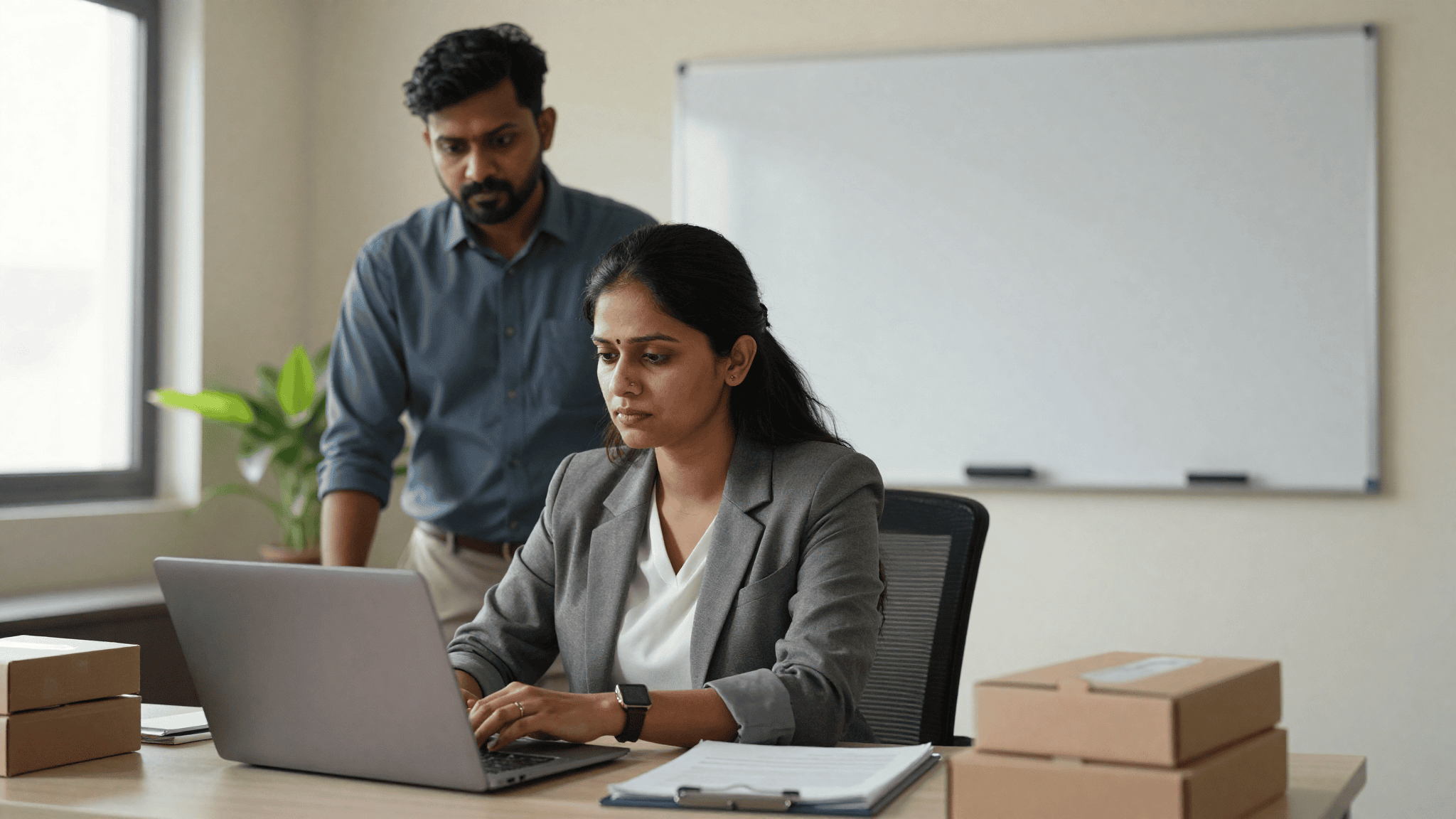 An Indian IT head in a Kolkata insurance office works through a laptop rollout snag while a colleague looks over her shoulder, unopened laptop boxes on both sides of the desk. Sirius Star.