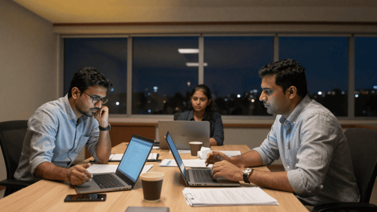 Three Indian professionals mid-argument in a Gurugram boardroom at night, laptops and papers on a light-wood table, blurred Gurugram skyline through the windows. Sirius Star.