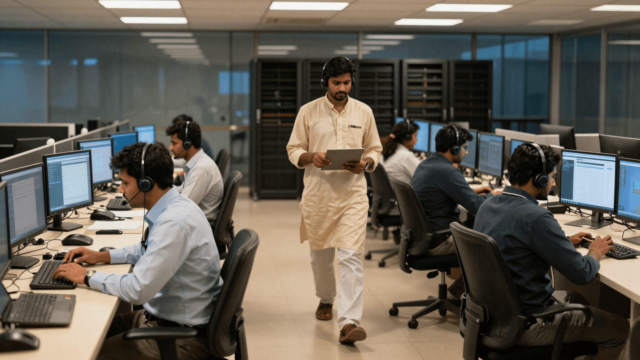 Late-night contact centre floor in Mumbai during a telephony cutover, half the desks empty and Indian agents on headsets while a floor manager walks past monitor rows. Sirius Star.