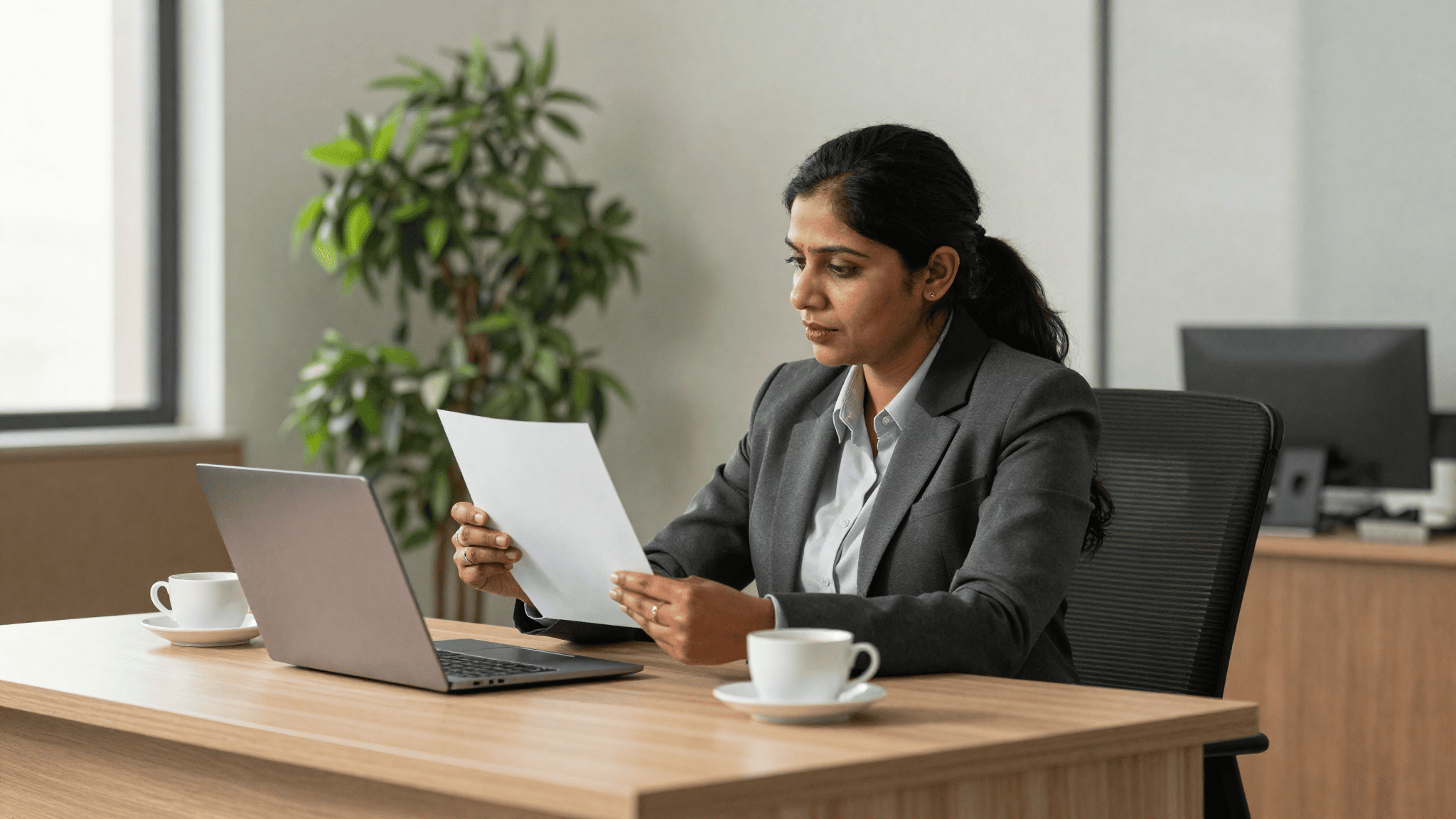 Buyer-side advisor and CFO reviewing a printed Avaya licence true-up letter at a Noida BPO office desk. Sirius Star.