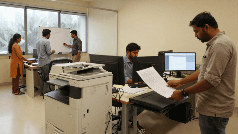 Ahmedabad architecture firm mid-morning: a shared floor-standing A3 copier in the workspace with a colleague lifting freshly printed pages while an architect works at a desk with a smaller desktop laser beside her monitor. Sirius Star.