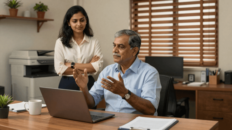 A CFO in his fifties gestures thoughtfully at his desk while a young engineer stands beside him, arms folded, with a beige office printer in the background. Sirius Star.