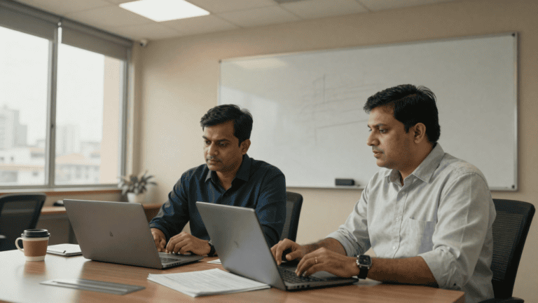 Two Indian technology leaders reviewing an Avaya contact centre migration in a Chennai office, laptops open, whiteboard behind. Sirius Star.