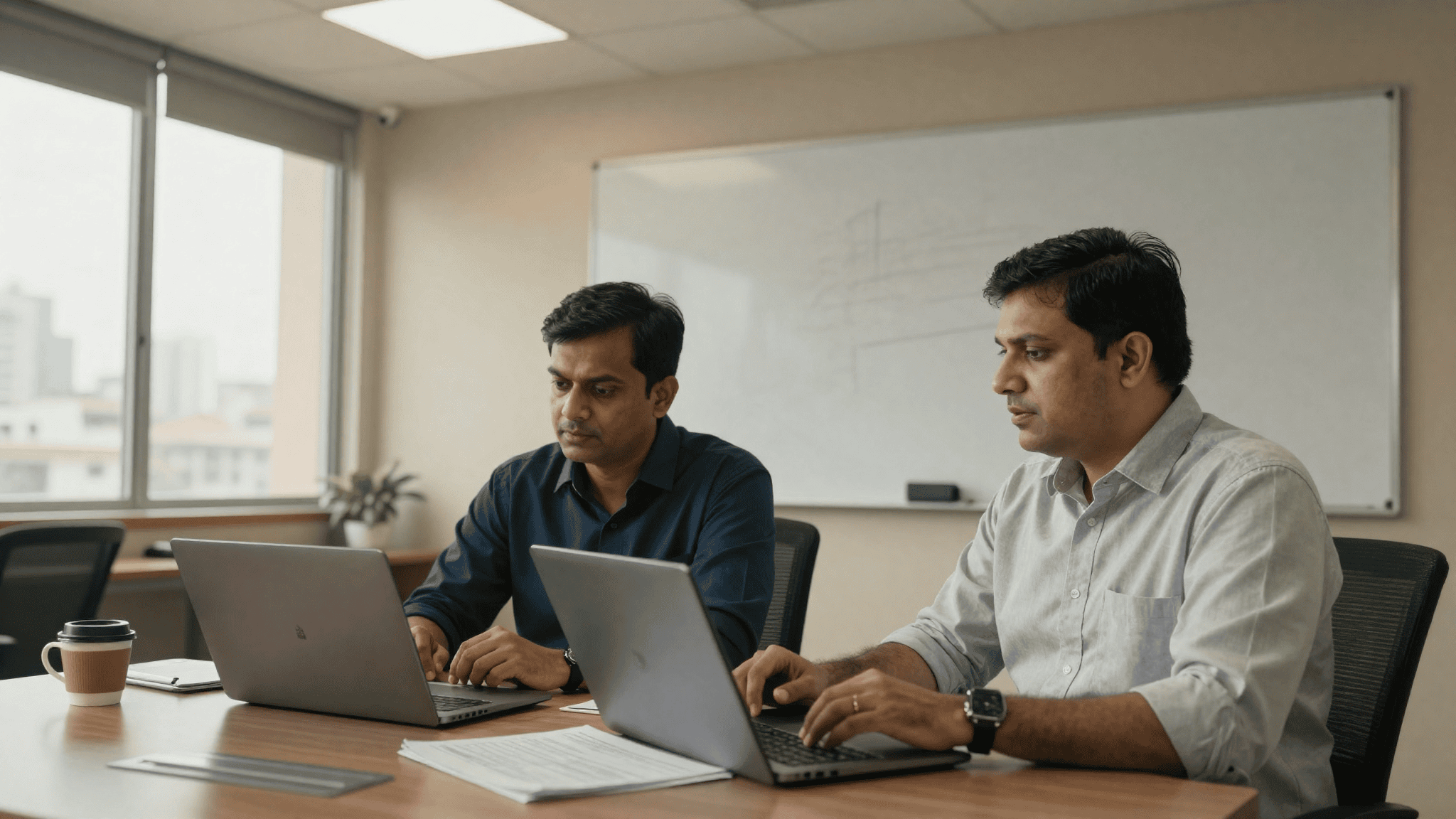Two Indian technology leaders reviewing an Avaya contact centre migration in a Chennai office, laptops open, whiteboard behind. Sirius Star.