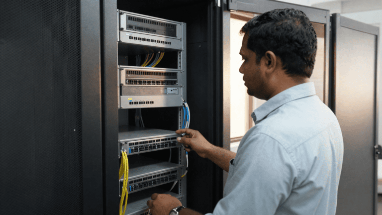 Network administrator inspecting a patch panel and equipment rack in a server room closet at an Indian office, reviewing cabling before a WAN circuit decision. Sirius Star.