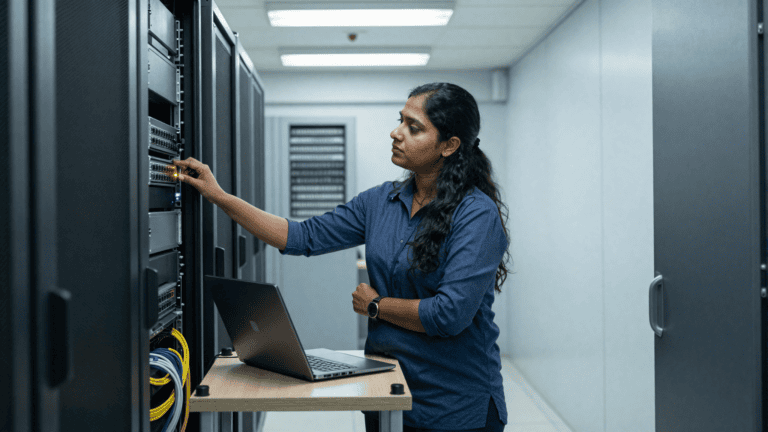 A network administrator inspects a rack-mounted appliance in a small Indian server room, laptop open on a trolley table nearby. Sirius Star.