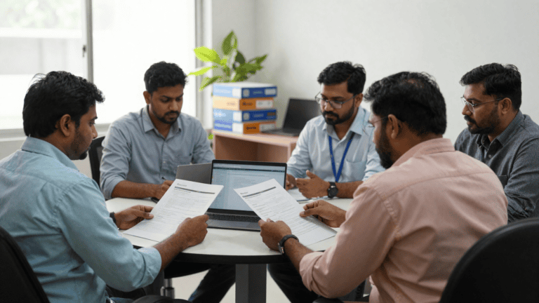 Five colleagues at a mid-size Indian company review vendor laptop quotes and invoice paperwork around a table. Sirius Star.