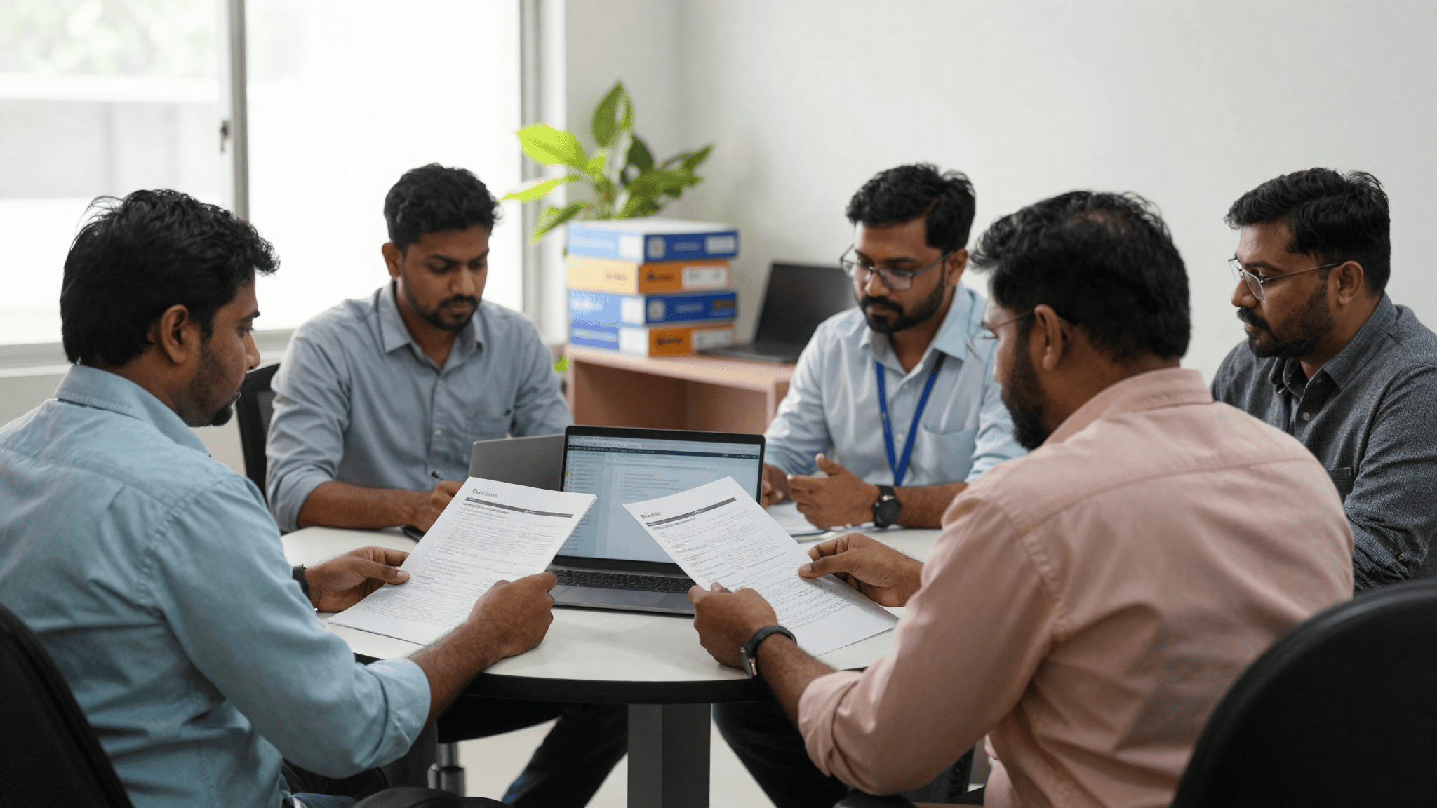 Five colleagues at a mid-size Indian company review vendor laptop quotes and invoice paperwork around a table. Sirius Star.