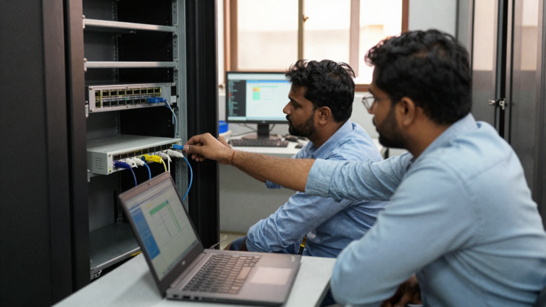 Two IT engineers connecting a network switch in a branch office server rack during a phased network migration. Sirius Star.