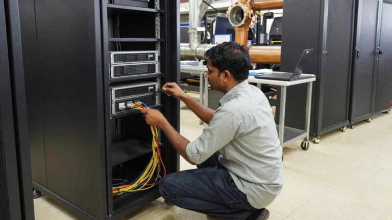 An IT technician checks cabling on a rack server inside a small Indian manufacturing plant server room. Sirius Star.
