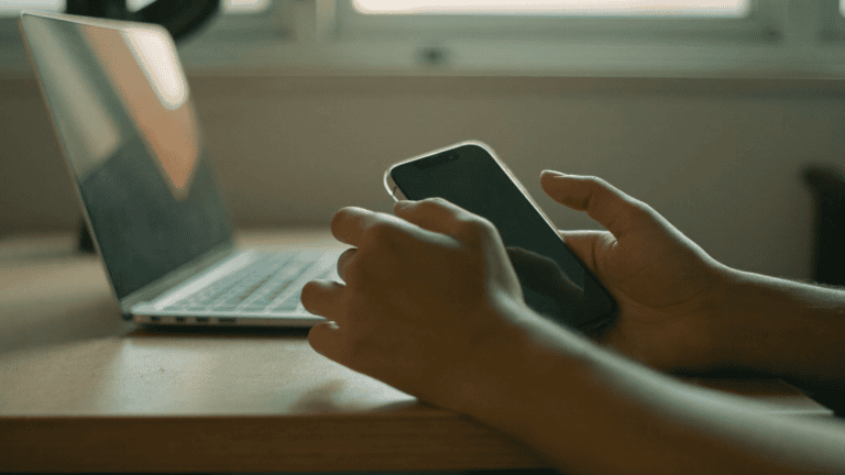 Hands holding a phone with a dark screen beside an open laptop on a wooden desk in an Indian office, late afternoon light