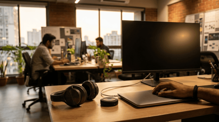A video editor's hand resting on a closed laptop beside headphones and a colour-calibration puck, two editors working in a soft-focus Mumbai studio at dusk