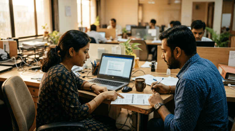 A founder and an IT consultant reviewing a printed BYOD policy at a laptop in a small Indian office