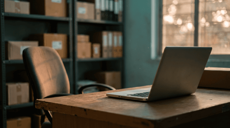 An open laptop left on a worn wooden desk beside an empty office chair in the dim back office of an Indian logistics company, parcel shelving blurred behind