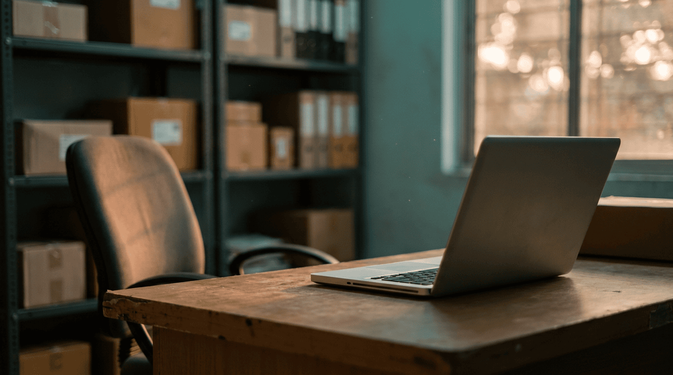 An open laptop left on a worn wooden desk beside an empty office chair in the dim back office of an Indian logistics company, parcel shelving blurred behind